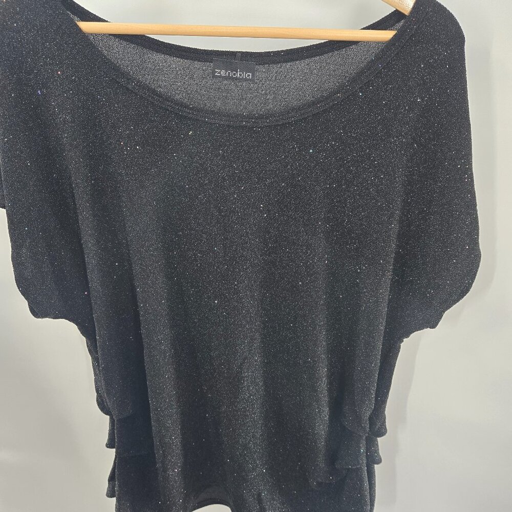 Vintage Zenobia Black Y2K Glitter Shimmer Going Out Blouse 3XL